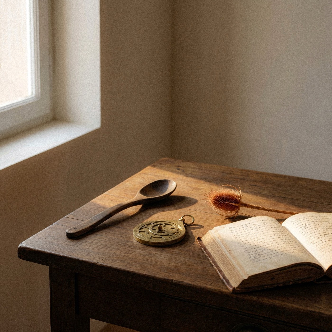 Mesa de trabajo de madera con un libro abierto, un astrolabio de latón y una cuchara tallada, a la luz de la ventana